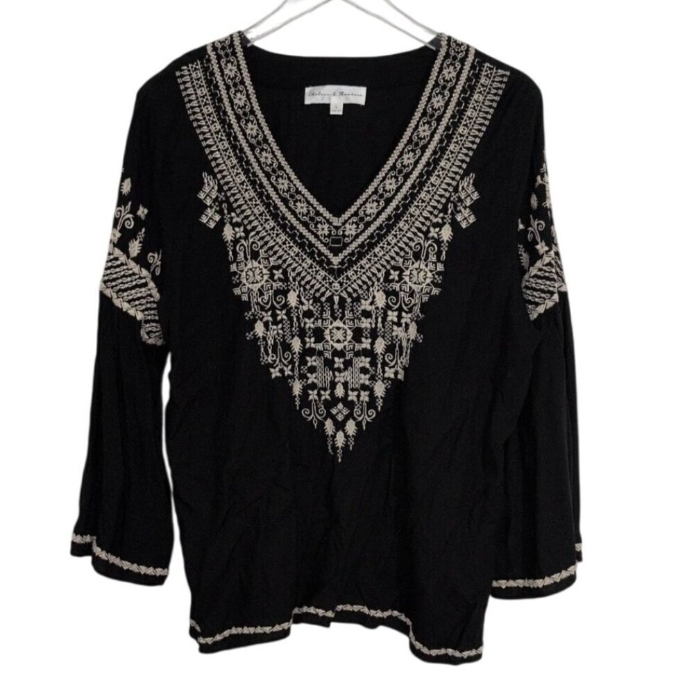 Chelsea & Theodore Embroidered Peasant Shirt Womens Size Large Black V Neck Boho